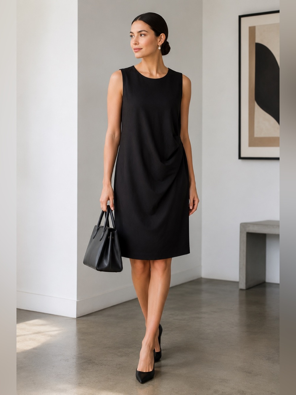 NWT Anne Klein Side Gather Sleeveless Dress Black Size 16 Little Black Dress